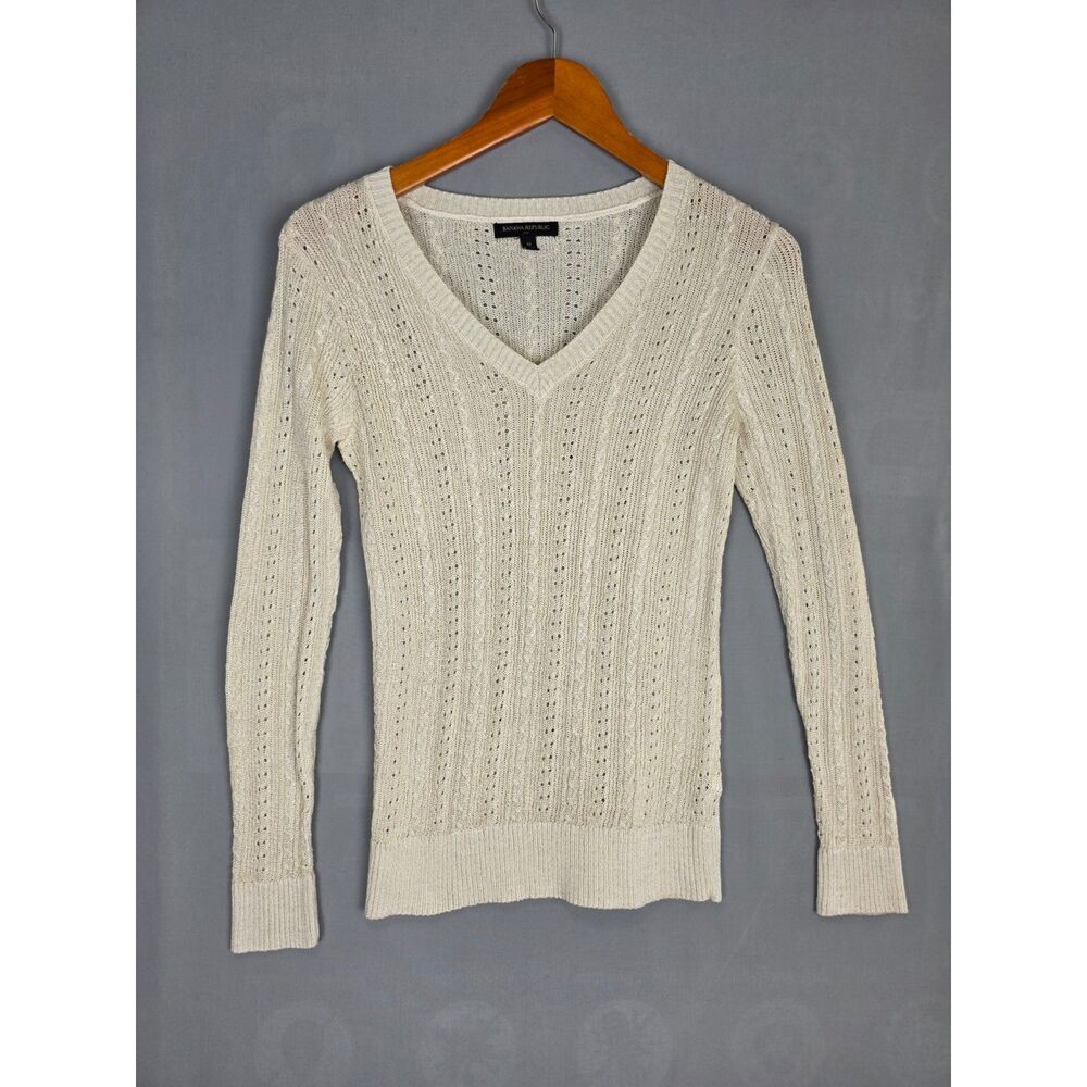 Banana Republic Cream with Gold Thread Light Cableknit Sweater Medium Holiday